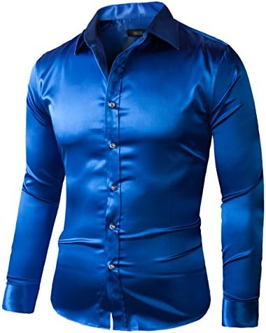 ZERDSKY Men's Regular-Fit Satin Shiny Dance Prom Dress Shirt,Blue,Small - 15" Neck 30/32" Sleeve