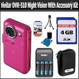 Vivitar DVR-510 Night Vision 2GB Digital Video Camcorder With 1.8-inch LCD Screen with Water Proof Casing – Pink Plus 4GB Accessory Kit Includes 4GB High Speed SD Card + Deluxe Hard Case + Vivitar 4 AAA NiMH Batteries & Charger + Screen Protector + More