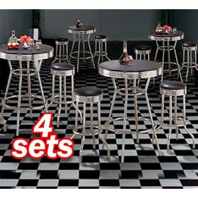 4x 3pc Black Wood Bar Table and Commercial Restaurant Chrome Black Swivel Barstool Set by The Furniture Cove