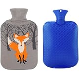 Premium Classic Transparent Hot/Cold Water Bottle w/ Cute Knit Cover (2L, Blue / Gray with Fox)
