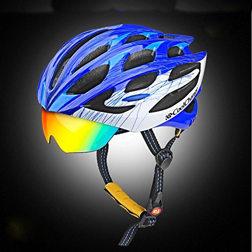 leapcama®Bright One-piece PC Mountain Bike Helmet with 3 Wind-proof Glasses, Colorful High Strength Safety Helmet Equip with Fly Net and cycling glasses (Blue and White)