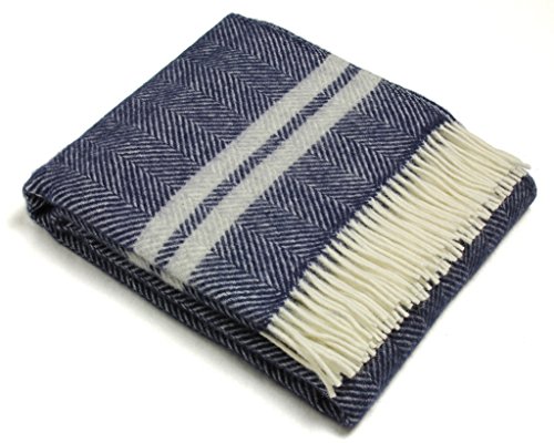 TweedmillWool Throw Blanket Pure New Wool - Lifestyle Fishbone Two Stripe (Navy & Silver Gray)