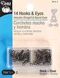 Dritz Sew On Size 2 (3/8") Hook & Eye Closures, 14 Hooks, 7 Straight Eyes & 7 Round Eyes, Black Steel