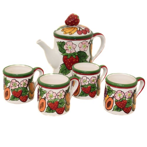 Fruit Medley Collection Hand-Painted 5 Piece Tea Kettle Set with Mugs