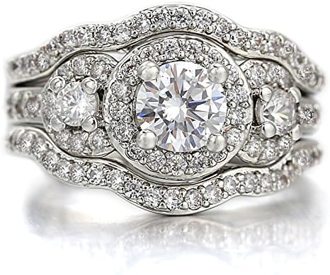 Shine Jewelry White Gold Trilogy Halo 2CT Three-Stone Cubic Zirconia CZ Art Deco Victorian Wave Band Luxury Gold Plated 3 Piece Anniversary Engagement Wedding Rings Bridal Set (6)