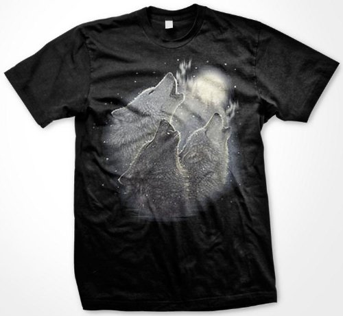 Three Howling Wolf Moon T-shirt, Awesome Realistic Wolf Design Mens Shirt, XX-Large, Black