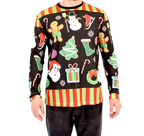 Holiday Symbols All Over Black Long Sleeve Ugly Christmas T-Shirt