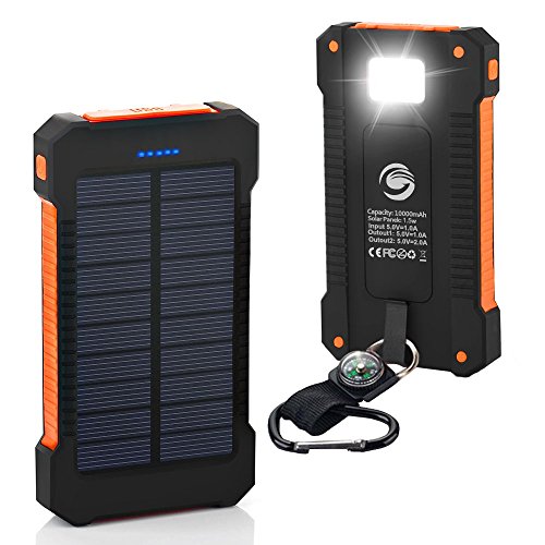 GRDE 10000mAh Solar Charger Dual USB Backup Battery Charger Portable Solar Power Bank External Power Pack for iPhone iPod Samsung Smart Phone Camera GPS -Orange