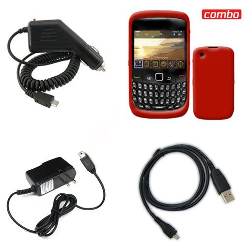 BlackBerry Gemini 8520/Curve 8530 Combo Trans. Red Silicon Skin Case Faceplate Cover + Rapid Car Charger + Home Wall Charger + USB Data Charge Sync Cable for BlackBerry Gemini 8520/Curve 8530