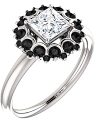 18K White Gold Princess Cut White and Black Diamond Flower Inspired Ring -- LIFETIME WARRANTY