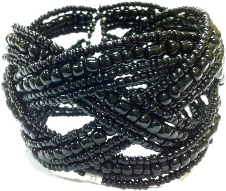 2-6 Day Delivery Balinese Beaded Cuff Bracelet Braided Hand Made Seed Beads (Black)