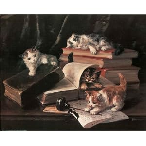 Playful Kittens books Art Print White Wood-Mounted Poster cats funny cute - 20