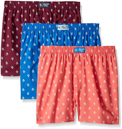 Original Penguin Men's 3-Pack Woven Boxers, Grape Wine, Large
