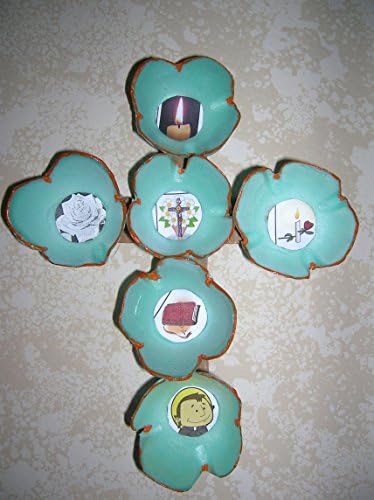 Wall cross made from recycled/repurposed egg cartons * Colors: MINT GREEN, LIGHT YELLOW, PINK or WHITE * Pictures on each will vary from what is shown in photo.