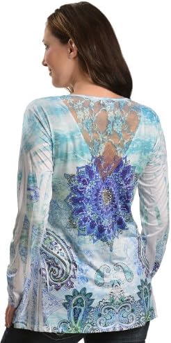 Red Ranch Women's Embellished Medallion Print Lace Back Top Blue 2X