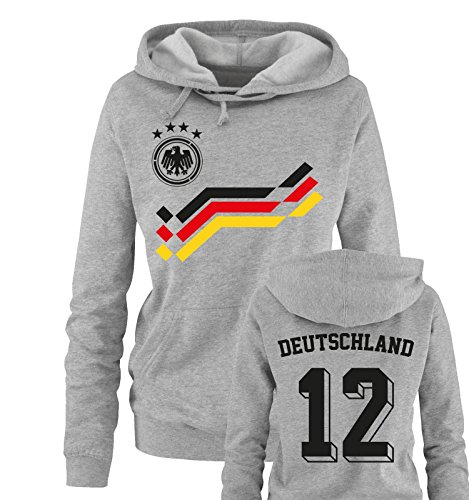 EM 2016 – RETRO-TRIKOT – DEUTSCHLAND – 12 – Damen Hoodie – Grau / Schwarz-Rot-Gelb Gr. M