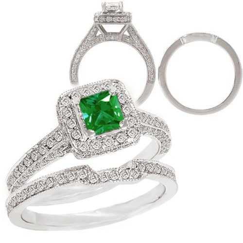 14K lab-created 4.5mm princess cut emerald gemstone engagement ring with diamonds