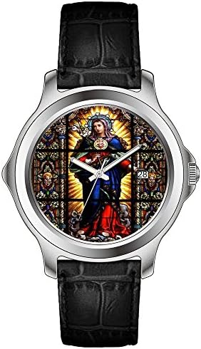 KSD Personalized Customized Gift Watch Men's Fashion Japanese Quartz Date Leather Black Band Wrist Watch Beautiful Religious Sacred Heart of Virgin Mary Wrist Watches