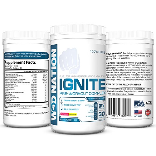 WOD Nation IGNITE Pre Workout Supplement - Quick CLEAN Energy & Sustained Endurance - Creatine Free - No Proprietary Blends - 300 Grams Powder - Tart Raspberry Lemonade