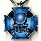 Blue Skull Maltese Cross Metal Keychain ~ Wicked Art by Top Heavy