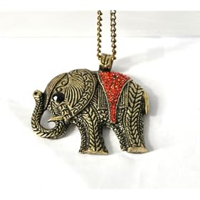 Elephant with red crystal Vintage retro style Long necklace jewellery pendant