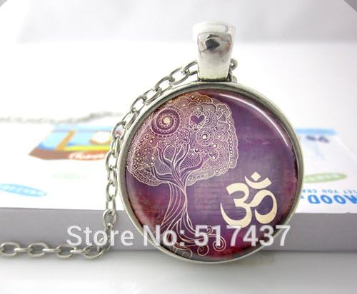 Pretty Lee Glass Dome Necklace Tree Of Life Necklace Yoga Jewelry Om Aum Zen Meditation Buddhism Purple Art Pendant Om Necklace