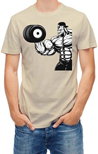 T shirt bodybuilder muscle man exercising with dum Cream M