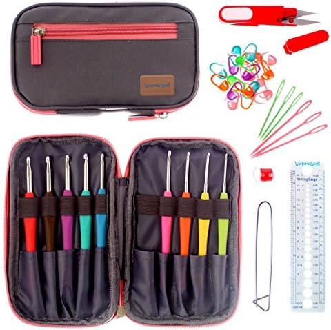 W•Knoll Pain Free Crochet Kit - Ergonomic Hook Set w/ Essentials &amp; Accessories in a Needles to Notions Organizer
