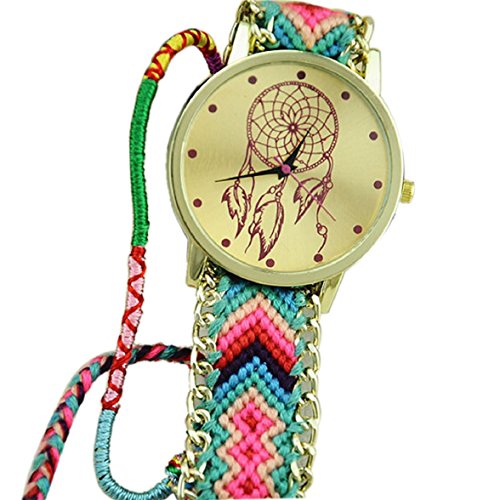 Femme Filles Montre Bracelet, Amison rétro Ethnique Attrapeur de rêves Bande Tressée Bracelet Vert + Rose