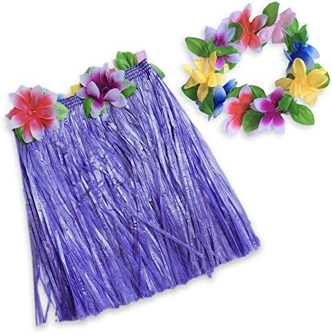 Luau Hula Kids Grass Skirt Floral Waistbands and Head Piece - Purple