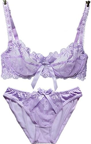 ZHAOX Sexy Lace Transparent 3/4 Cup Bra Set Underwear Bra and Panties-purple-80A