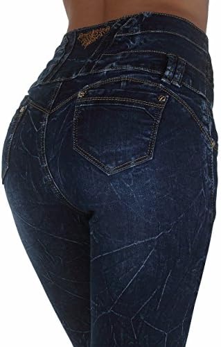 MK3005 - High Rise Colombian Style Stretch Denim, Butt Lift, Skinny Jeans in Washed Dark Blue Size 5