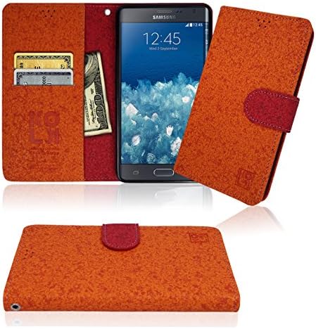 Note Edge Cork Wallet Case, ID / Credit Card 1 Cash Slot, Power Magnetic Clip For Samsung Galaxy NoteEdge Cover Flip Diary 2 Tone (Orange with Red)