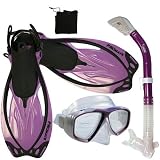 PROMATE Snorkeling Scuba Dive Mask Fins DRY Snorkel Gear Set - Purple White - S M