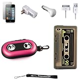 Pink Portable Hard Cover Shell with Integrated Speakers & Silicone Cassette Skin for New Apple iPod Touch 4 ( 4th Generation 8GB 16GB 32GB ) + Includes a USB Travel Car Charger, a USB Home Charger and a USB Data Sync Cable + Includes Anti Glare Screen Protector Guard