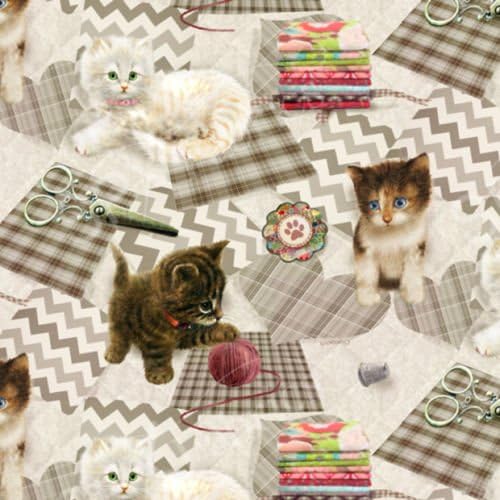 Krafty Kittens All Over Patchwork Kittens At Play Cotton Quilt Fabric