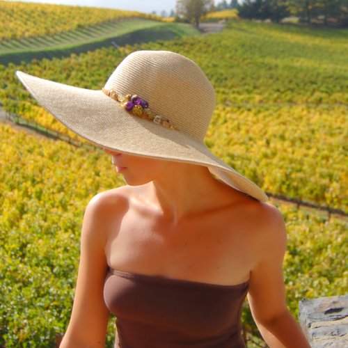 02060 Dashenka Co. Women's Beige Extra-Wide Brim Sun Hat -- NAPA Amethyst, Citrine & Tiger's Eye 14kt finished Gold Chain
