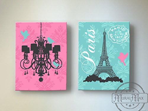 MuralMax - Eiffel Tower & Chandelier Theme - The Paris Collection - Canvas Decor - Set of 2 - Colors - Aqua - Pink - Charchoal - Gray & White - Size - 16 x 20