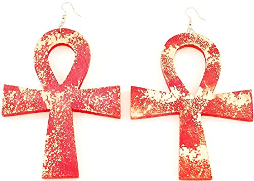 Ankh Earrings Over Size Wood Red Color Dangle Style Positive Spirit Magic Power Circle Egyptian Positive Power Of Joyous Life