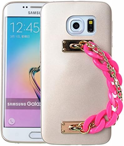 [Gold/Pink] CaseArtPlus 0.7mm Glitter Shine Gold Soft Case with Pink Chain Clutch Holder Tassel Case Galaxy S6 Edge
