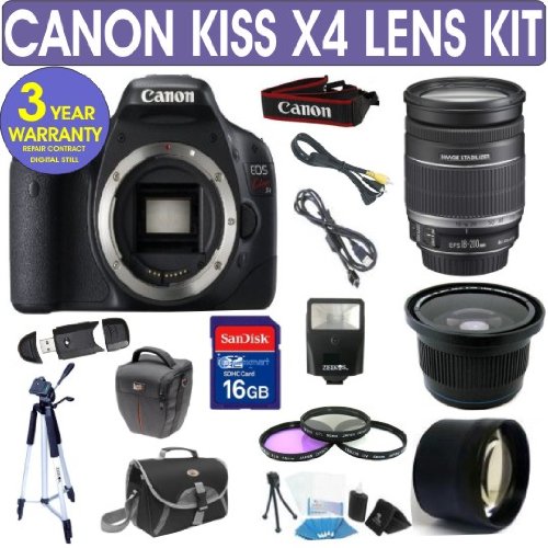 Canon Rebel KISS X4 + Canon 18-200mm IS Lens + .40x Fisheye Lens + 2x Telephoto Lens + 3 Year Celltime Warranty Repair Contract