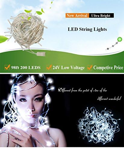Tumtung 24V 98ft 200 Leds Multicolor Waterproof Decoration String Light, Holiday Lights for Outdoor, Gardens, Homes, Wedding, Christmas & Halloween Party -- (Transparent Lines)