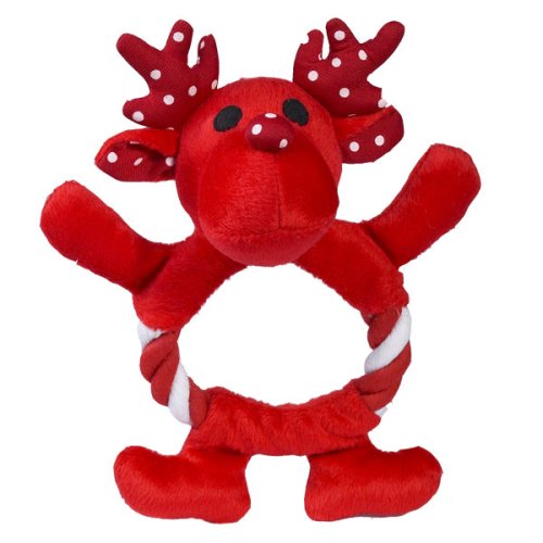 Dog Toy - Zanies Festive Fling-A-Rings Plush and Rope Holiday Pet Toy - Reindeer - Red