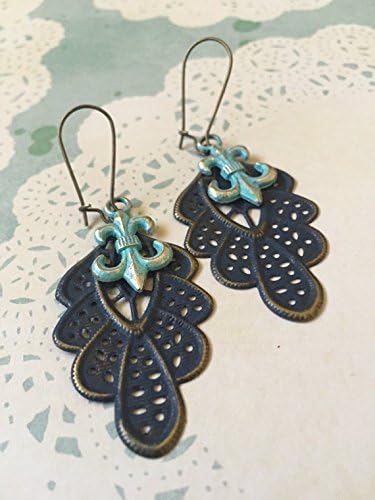 Midnight Blue Chantilly Lace Filigree and Verdigris Charm Earrings