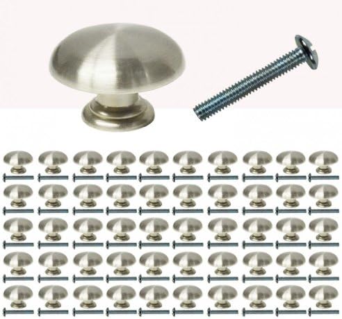 50 Piece Lot of Jeffery Alexander Kitchen Bathroom Cabinet Drawer Knobs Hollow Mushroom Satin Nickel 30MM 1-3/16" Diameter 3/4" Tall With 1 1/8" Screw