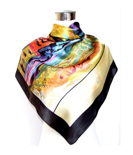 Saint Oil-Painted Landscape Print with Black Band - Silk Square Scarf 35 x 35