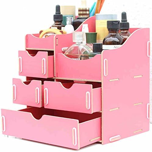 HOPE & WISH® Simple but Fashion Three Drawer Wooden DIY Cosmetic Makeup Organizer Removable Jewelry Display Box Collection Organizer Desk Drawer Organizer Bedroom Storage Case (Rose Red)