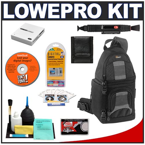Lowepro SlingShot 100 AW (Black) Backpack + Accessory Kit for Canon Rebel XSi, XS, T1i, XTi, 40D, 50D, Nikon D40, D60, D5000, D90, D300, D700, Olympus Evolt E-30, E-450, E-520, E-620, and Sony Alpha A200, A300, A350, A700 Digital SLR Cameras