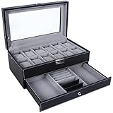 Songmics Leather 12 Mens Watch Box with Jewelry Display Drawer Lockable Watch Case Organizer UJWB012