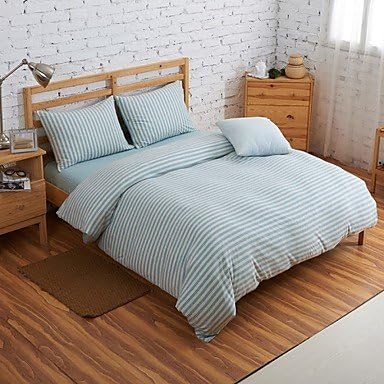 naluo Set Of 4 Muji Style 100% Cotton Knitted fabric Blue&amp;White Stripe Duvet Covers